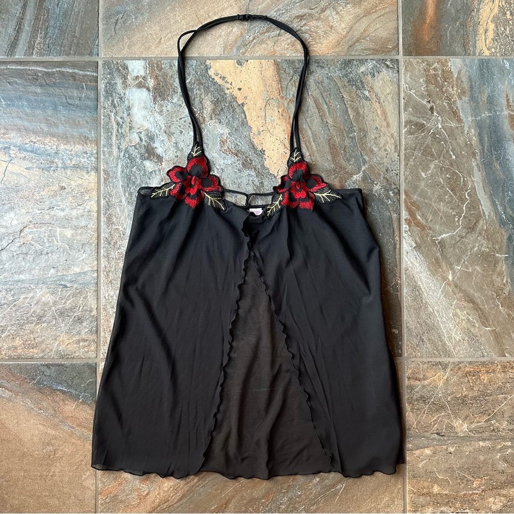 Victoria’s Secret Sexy Black Mesh Babydoll Nightie Fly Away Floral Embroidered L